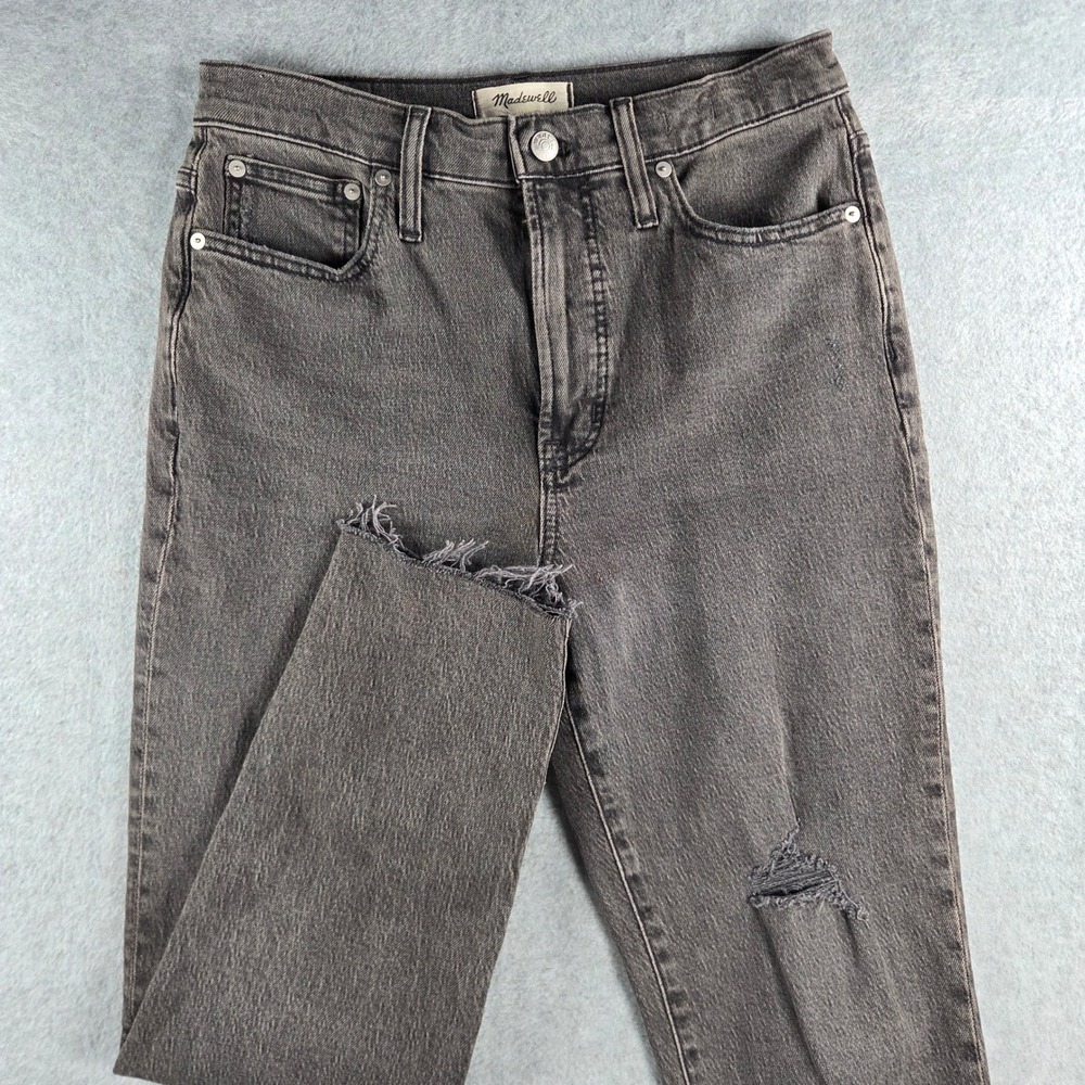 Madewell Straight Leg Jeans Women 29 Faded Black Distressed Raw Hem High Rise